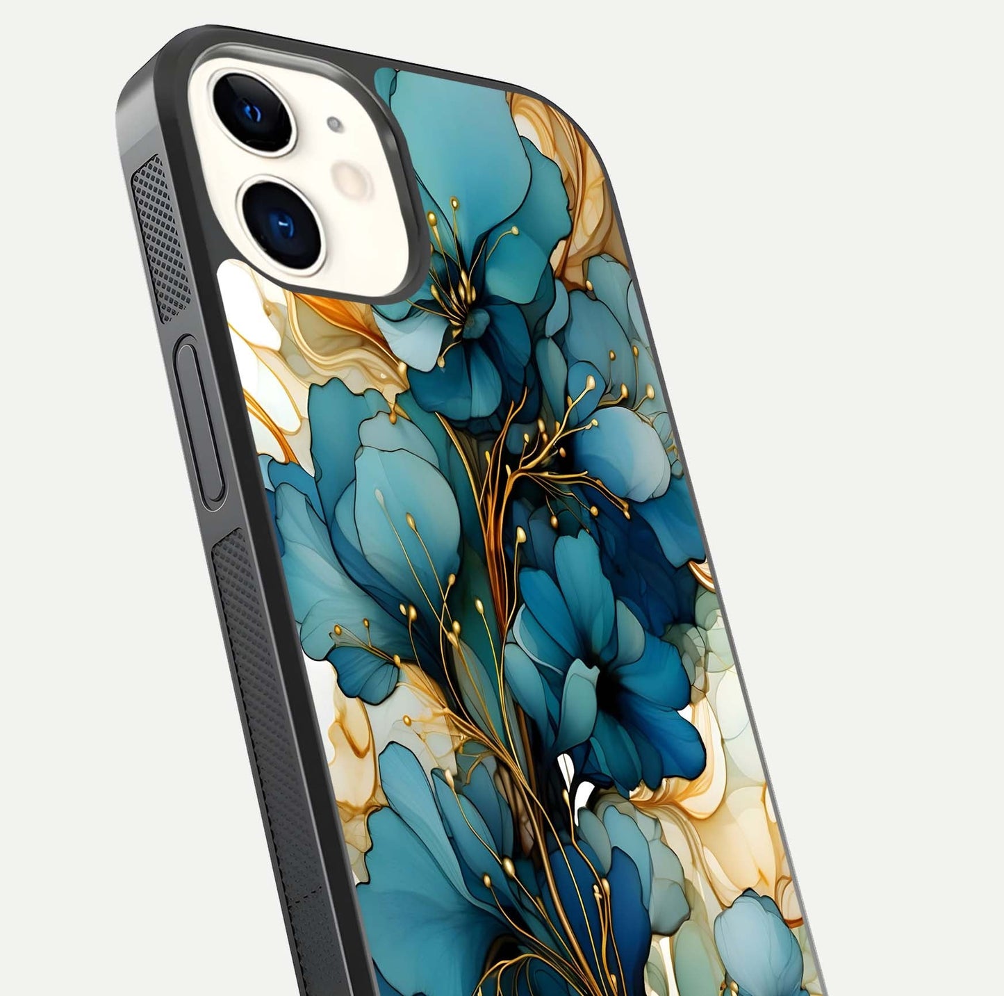 Golden Bloom Symphony Glass Case for iphone-12 close-up angled shot showing detailed petals and metallic gold reflection