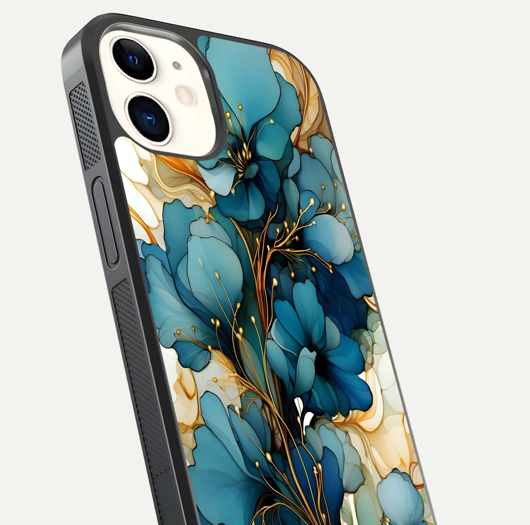 Golden Bloom Symphony Glass Case for iphone-12 close-up angled shot showing detailed petals and metallic gold reflection