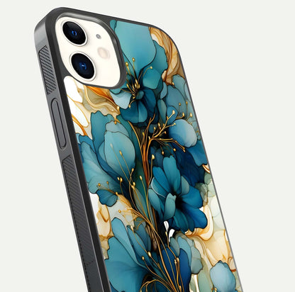 Golden Bloom Symphony Glass Case for iphone-12 close-up angled shot showing detailed petals and metallic gold reflection