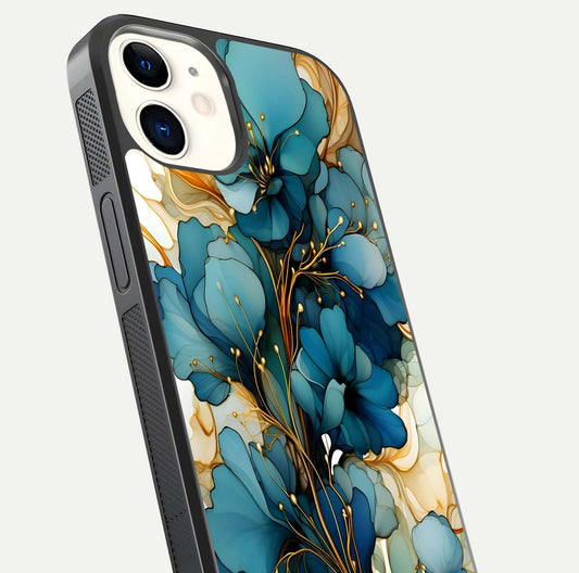 Golden Bloom Symphony Glass Case for iphone-12 close-up angled shot showing detailed petals and metallic gold reflection