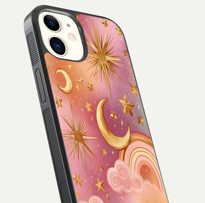 Golden Celestial Dreams Glass Case for iphone-12 close-up angled shot showing cosmic gold tones and reflection shine