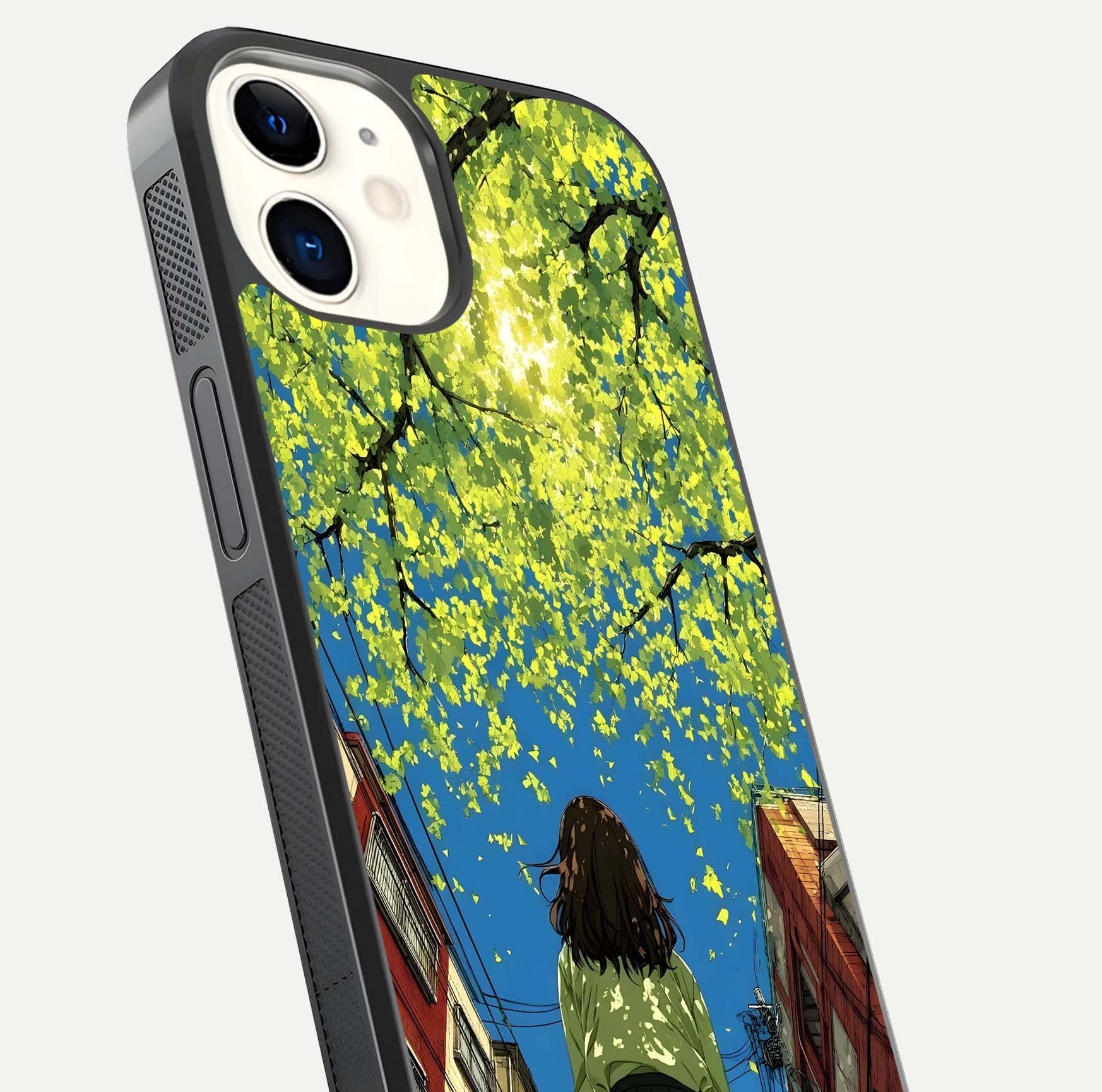 Golden Leaves Glow Glass Case for iphone-12 close-up angled shot showing fine leaf texture and reflection shine