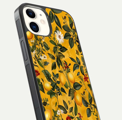 Golden Lemon Field Glass Case for iphone-12 close-up angled shot showing citrus texture and reflection brilliance