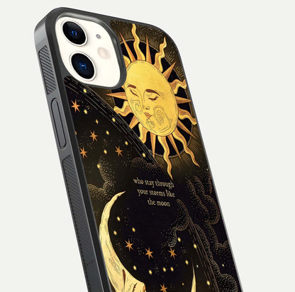 Golden Lunar Love Glass Case for iphone-12 close-up angled shot showing moon glow, texture, and reflection polish