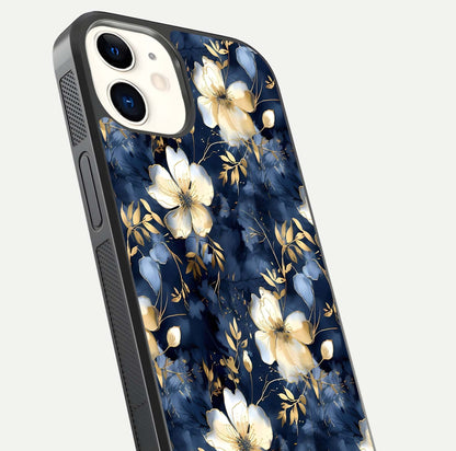 Golden Midnight Bloom Glass Case for iphone-12 close-up angled shot showing floral detail and reflection shine