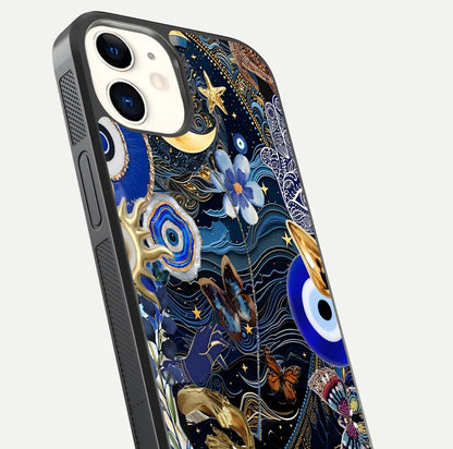 Golden Moon Magic Glass Case for iphone-12 close-up angled shot showing lunar glow, star detail, and reflection brightness