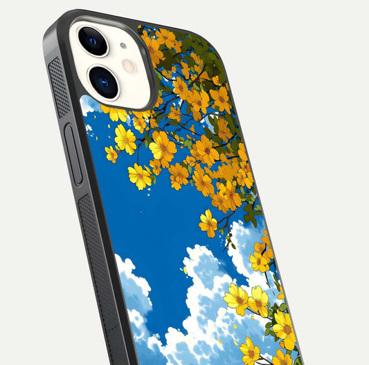 Golden Petal Sky Glass Case for iphone-12 close-up angled shot showing petal texture and shine reflection