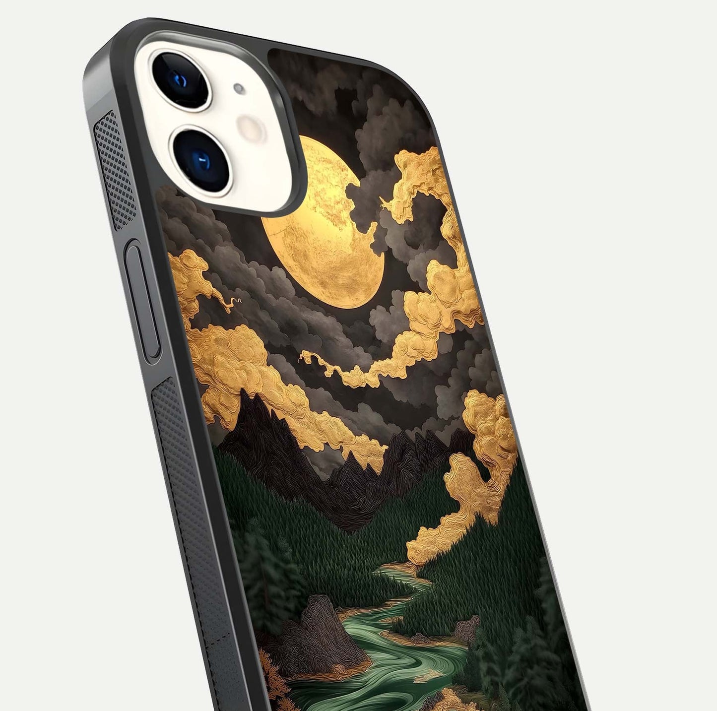 Golden River Moon Glass Case for iphone-12 close-up angled shot showing moon reflection and water shine