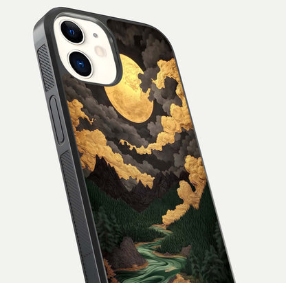 Golden River Moon Glass Case for iphone-12 close-up angled shot showing moon reflection and water shine