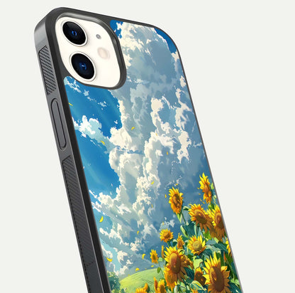 Golden Sun Glory Glass Case for iphone-12 close-up angled shot showing sunlight reflection and gold detailing
