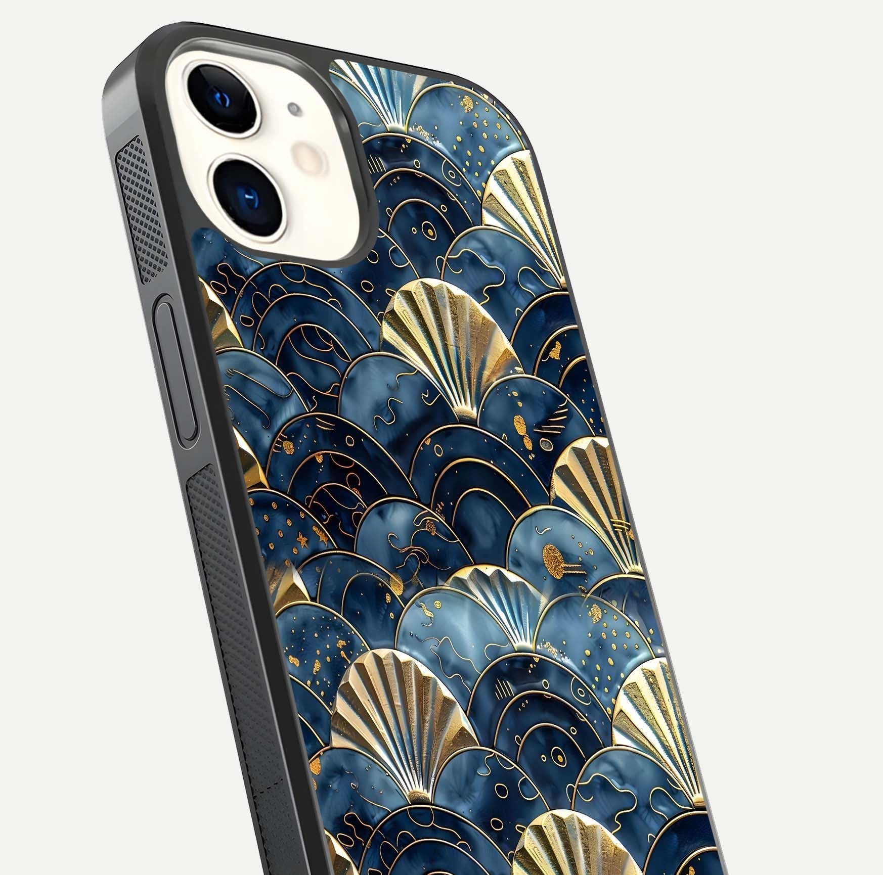 Golden Wave Luxe Glass Case for iphone-12 close-up angled shot showing flowing wave texture and reflection brightness