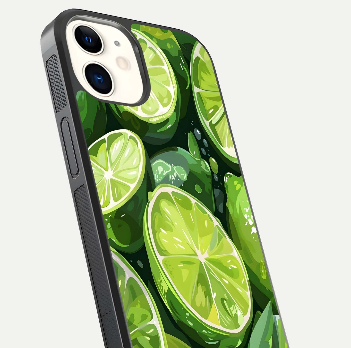 Green Lemon Glass Case for iphone-12 close-up angled shot showing lemon slice texture and reflection brightness