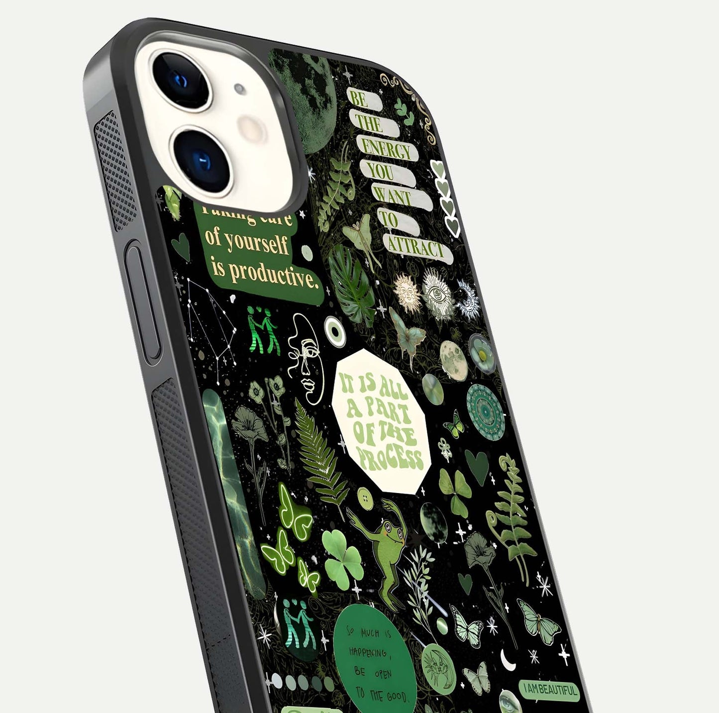 Green Moon Energy Glass Case for iphone-12 close-up angled shot showing glowing lunar detail and reflection shine