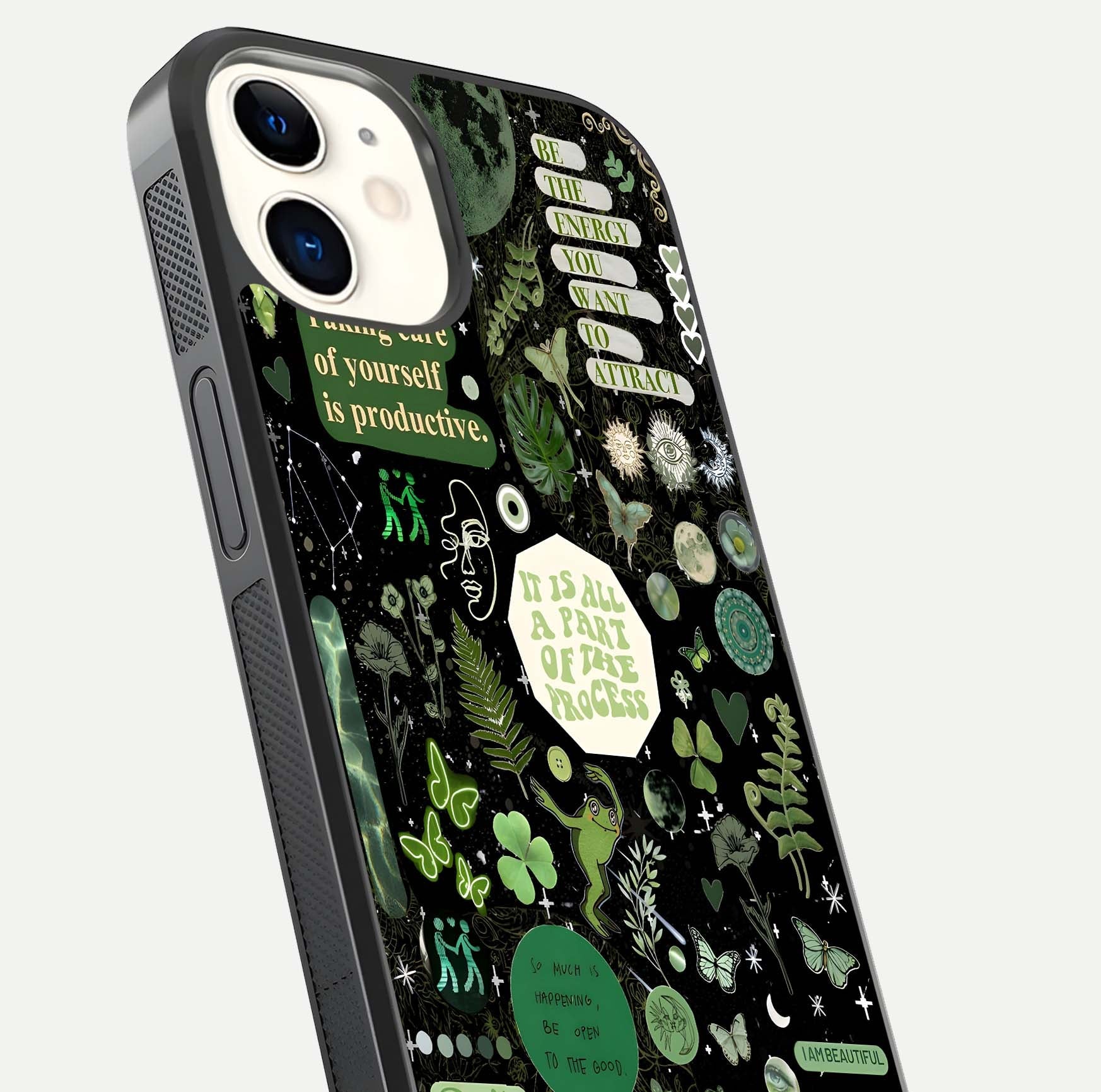 Green Moon Energy Glass Case for iphone-12 close-up angled shot showing glowing lunar detail and reflection shine