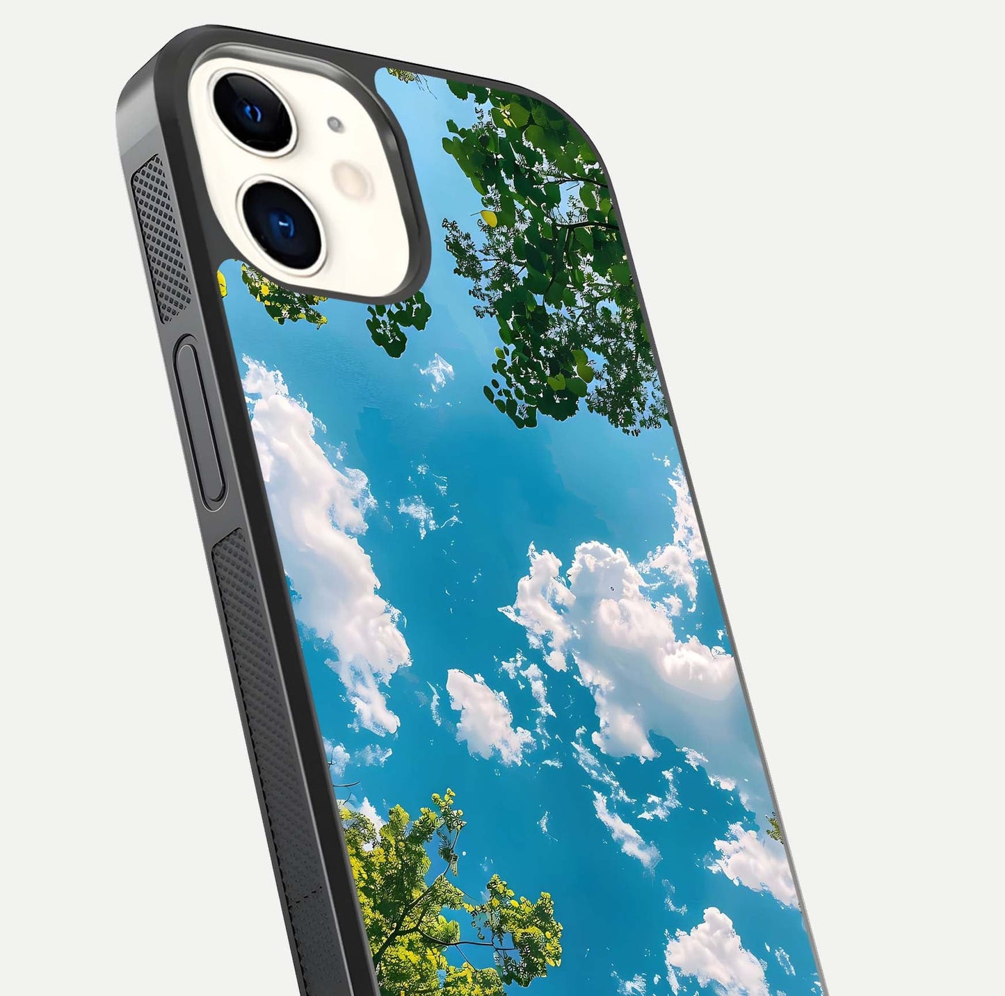 Greenery Sky Glass Case for iphone-12 close-up angled shot showing leafy tones and reflection brightness