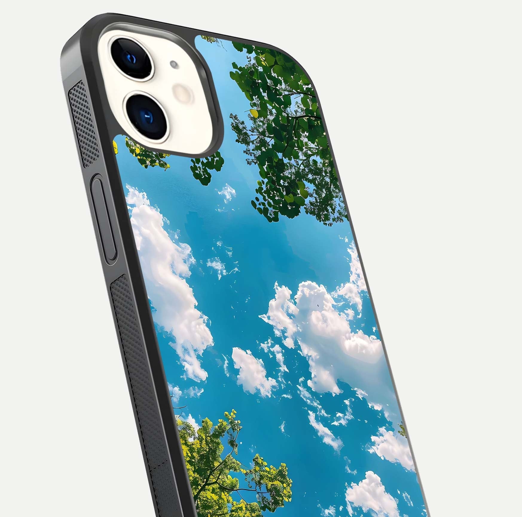 Greenery Sky Glass Case for iphone-12 close-up angled shot showing leafy tones and reflection brightness