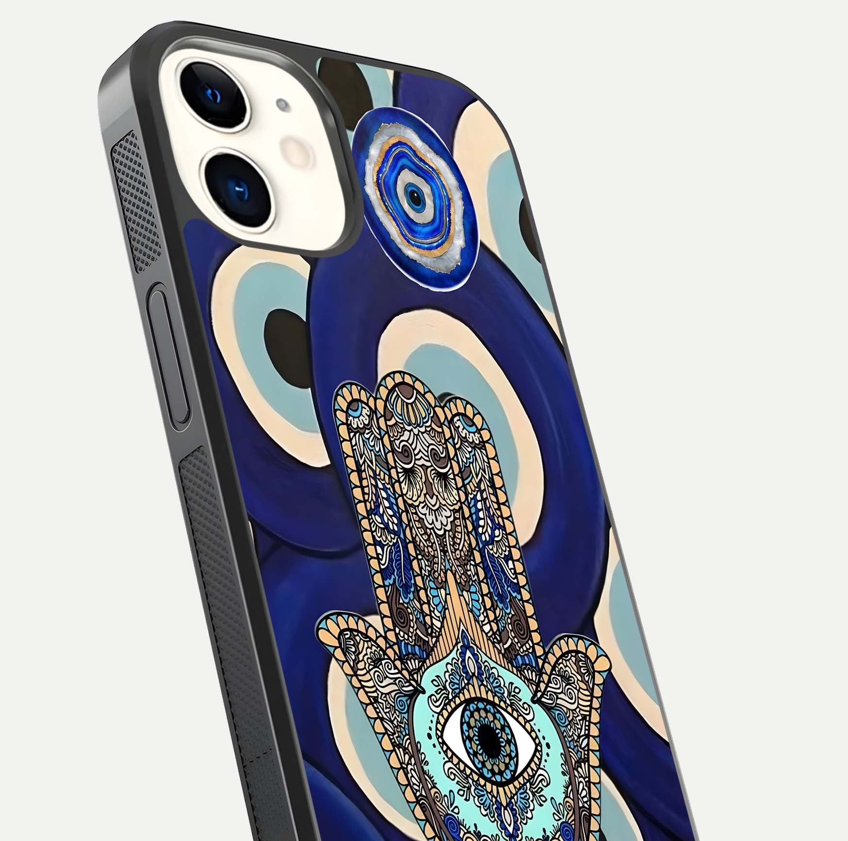 Hamsa Divine Guard Glass Case for iphone-12 close-up angled shot showing detailed palm motif and reflection glow