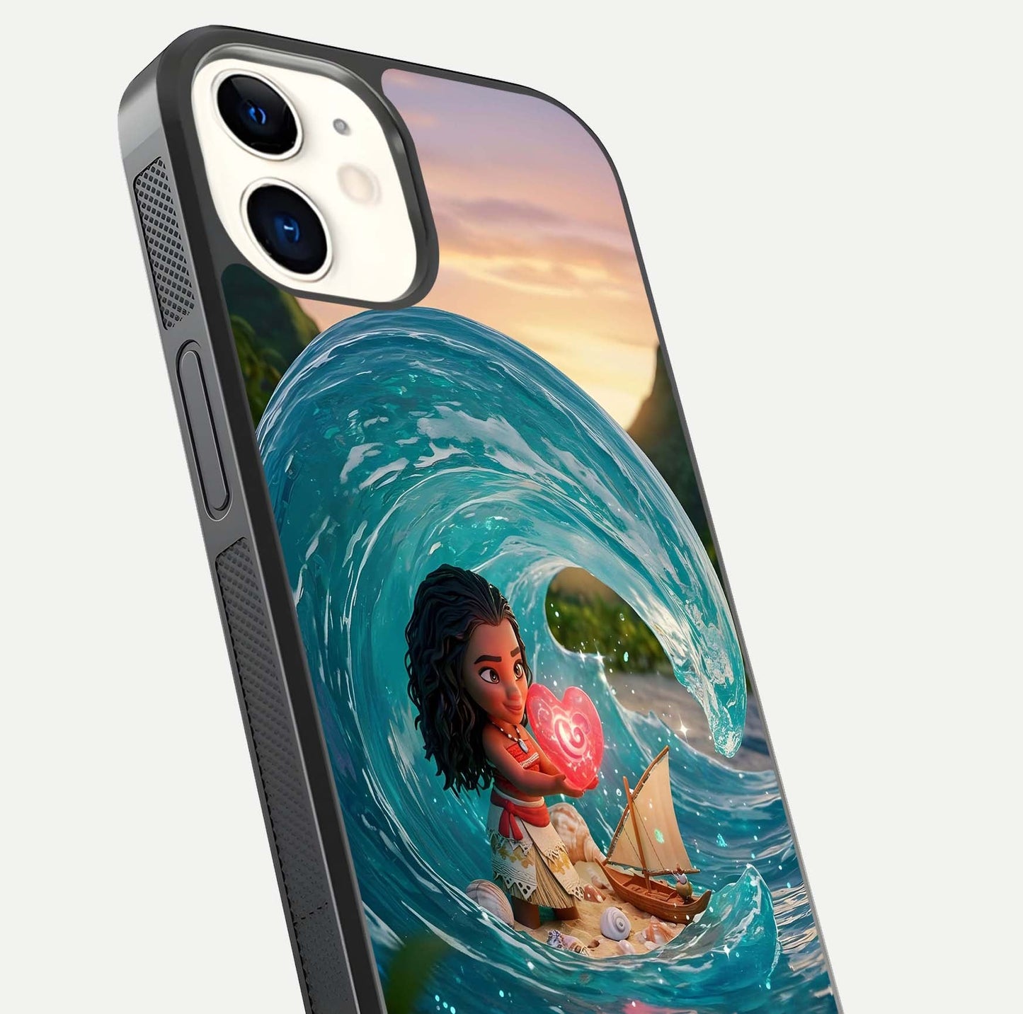 Heart of Ocean Glass Case for iphone-12 close-up angled shot showing blue tones and reflection shine