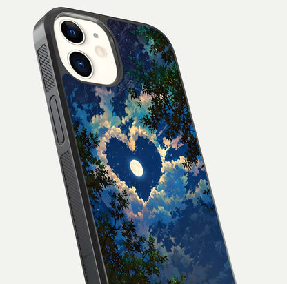 Heart with Moon Sky Glass Case for iphone-12 close-up angled shot showing lunar reflection and shine detail