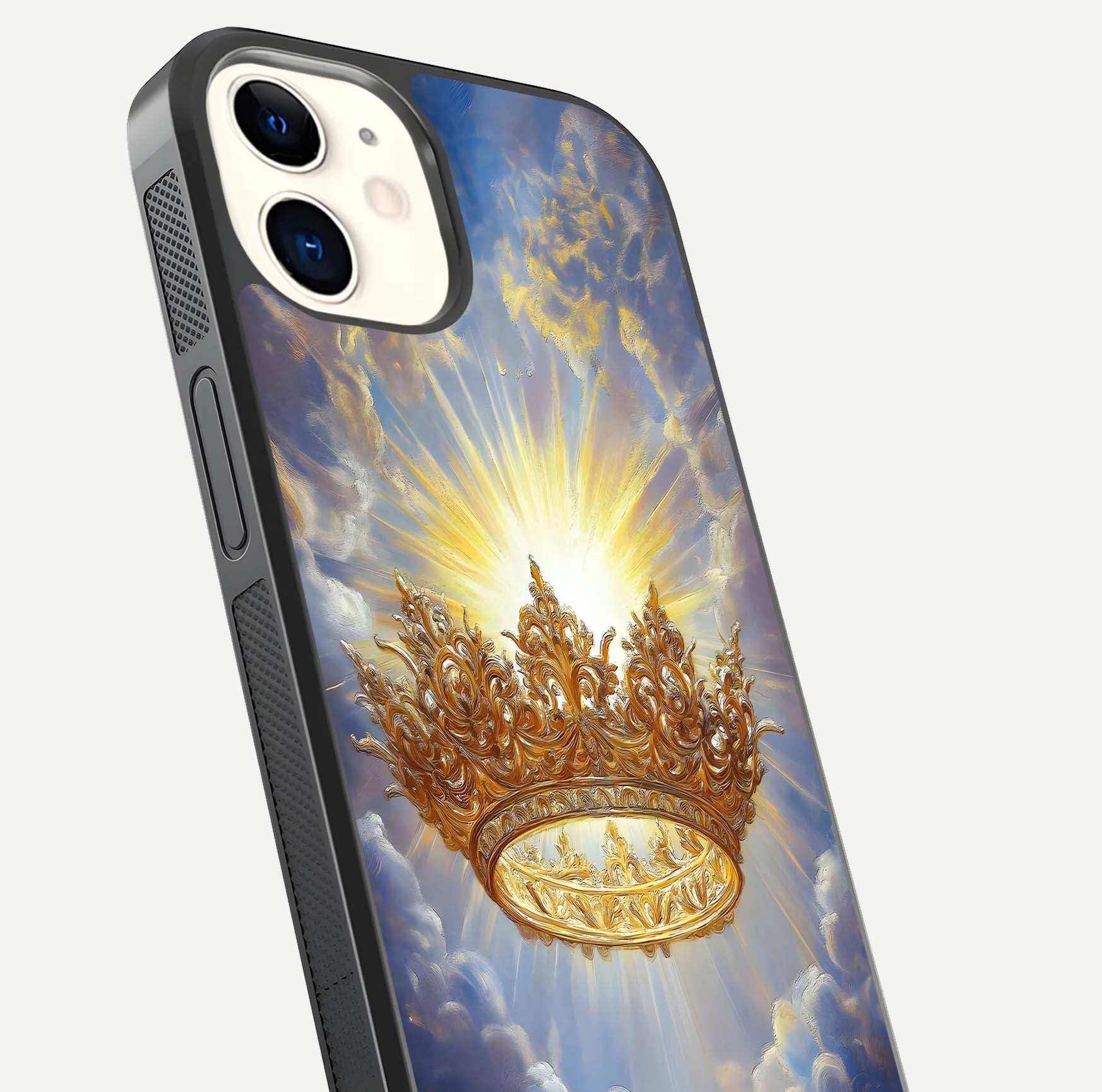 Heavenly Crown Light Glass Case for iphone-12 close-up angled shot showing glowing halo details and smooth reflection