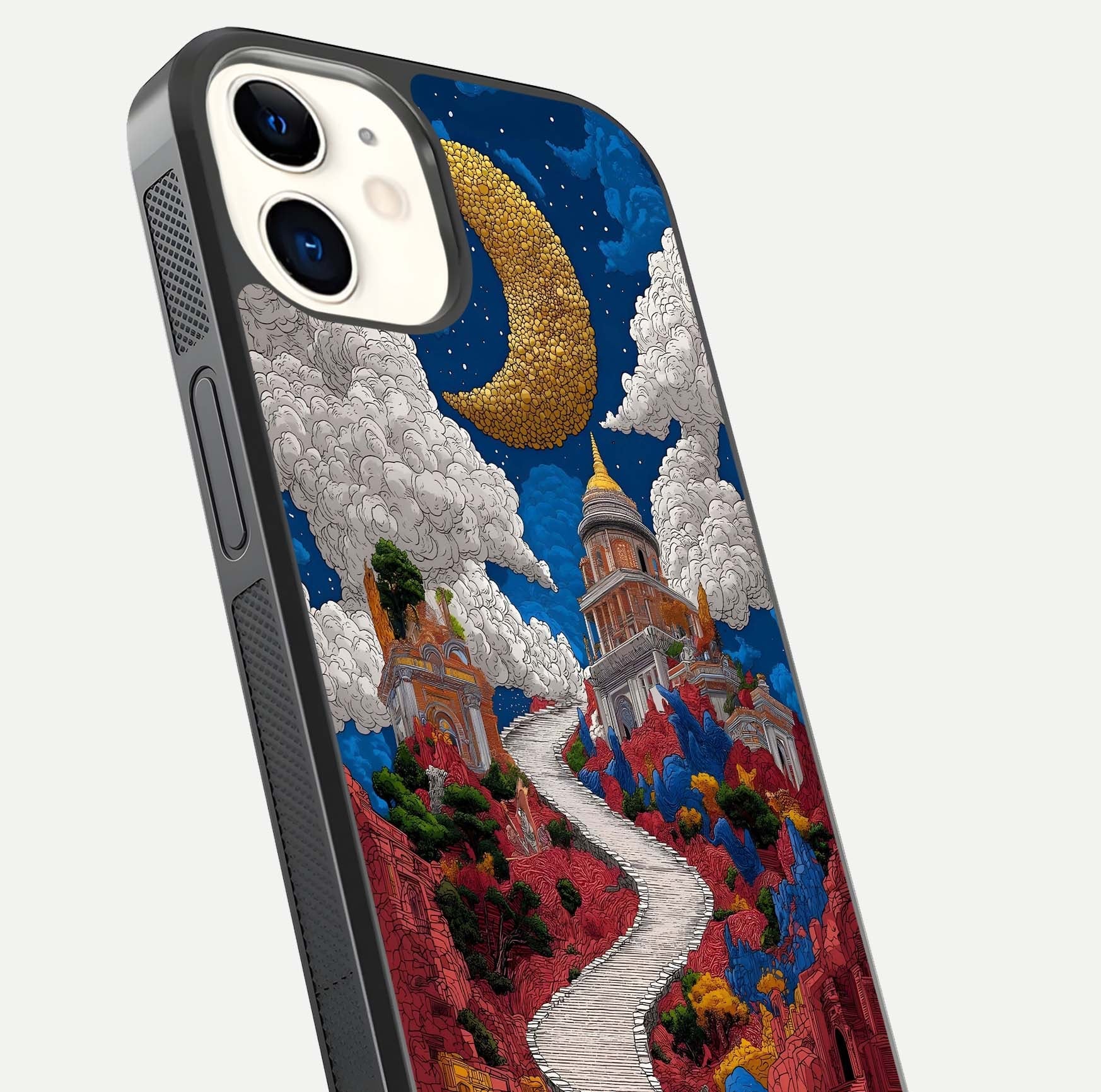 Heavenly Moon Path Glass Case for iphone-12 close-up angled shot showing moon reflection and shimmer texture