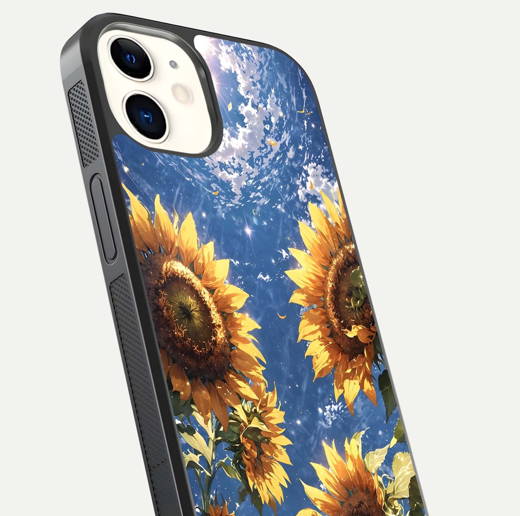 Heavenly Sunflower Rise Glass Case for iphone-12 close-up angled shot showing sunflower texture and reflection polish