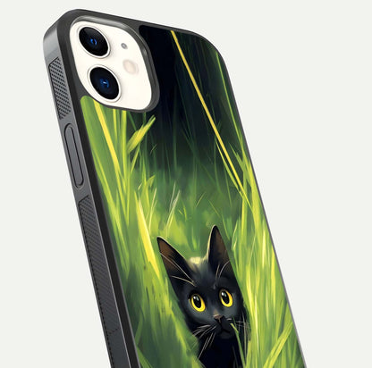 Hidden Cat Whisper Glass Case for iphone-12 close-up angled shot showing feline details and reflection polish