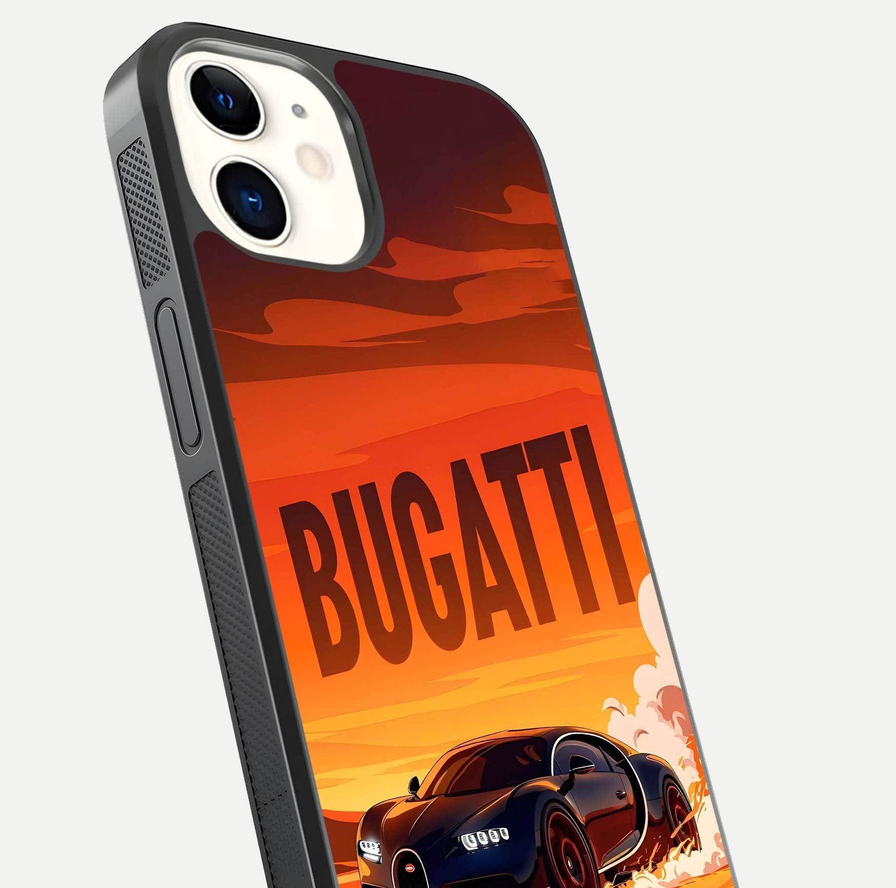 Inferno Bugatti Storm Glass Case for iphone-12 close-up angled shot showing flame details and reflection shine