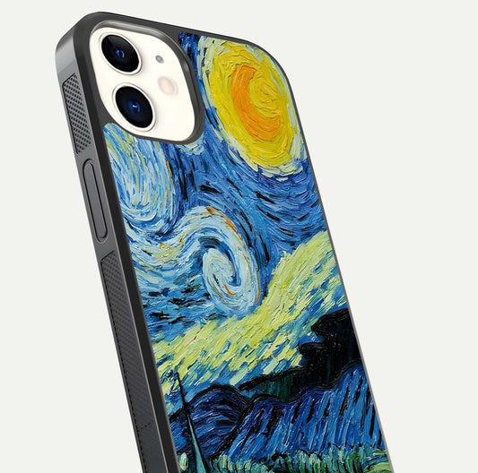 Inspired Van Gogh Art Glass Case for iphone-12 close-up angled shot showing brushstroke texture and shine detail