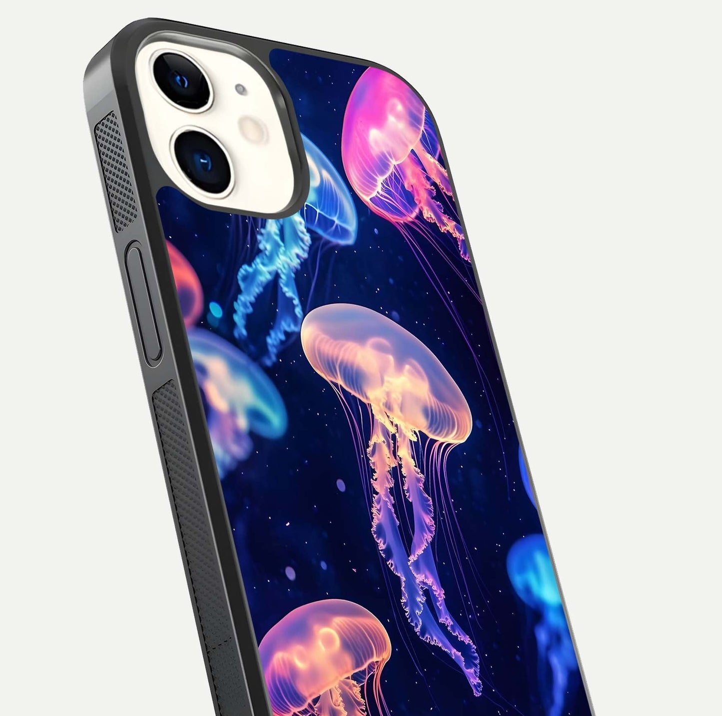 Jellyfish Pattern Glass Case for iphone-12 close-up angled shot showing translucent tentacles and light reflection