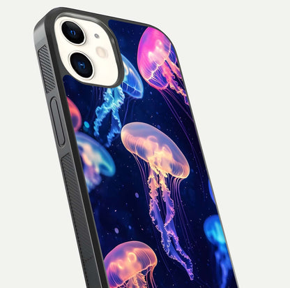 Jellyfish Pattern Glass Case for iphone-12 close-up angled shot showing translucent tentacles and light reflection