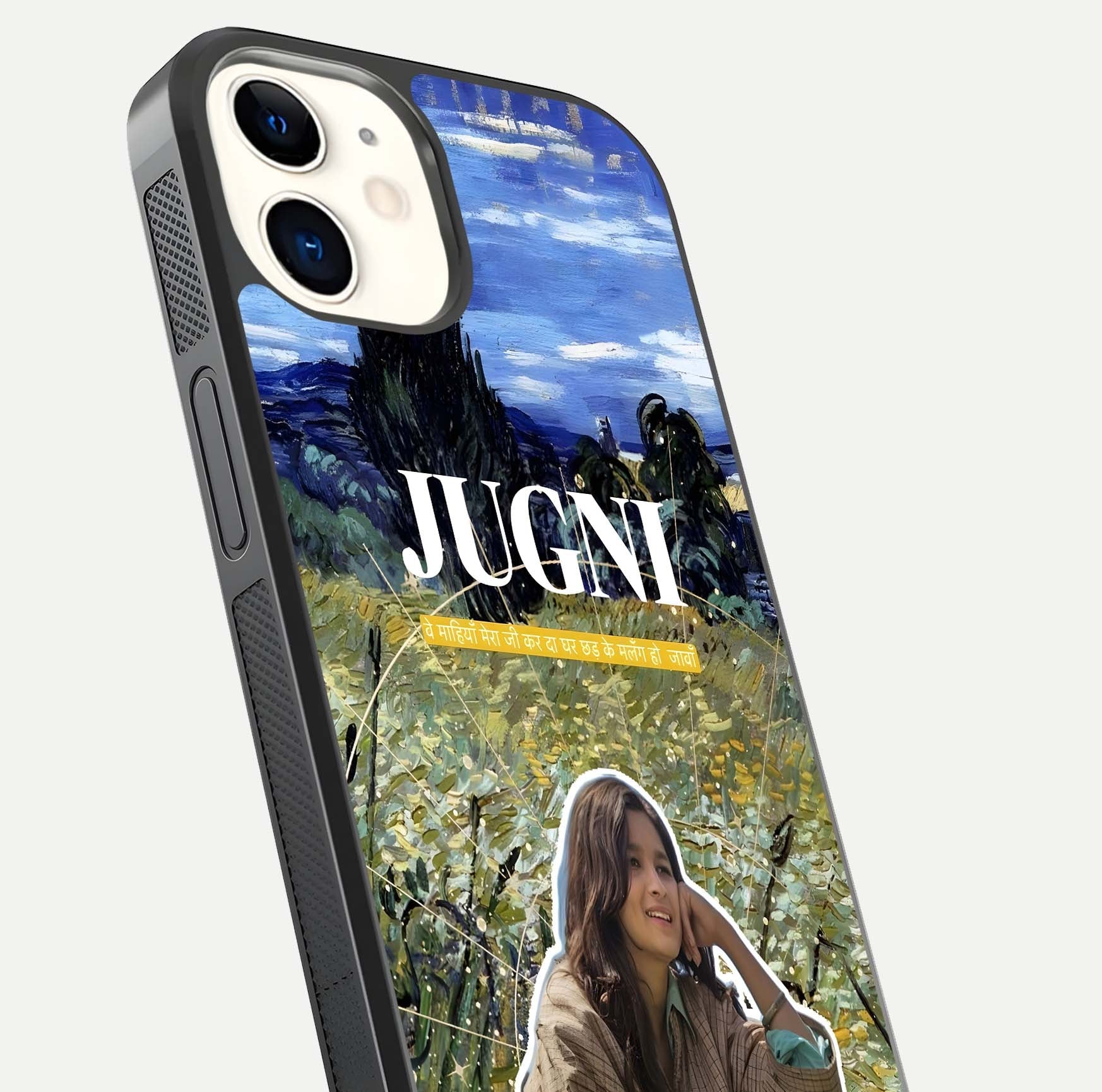 Jugni Soul Vibes Glass Case for iphone-12 close-up angled shot showing typography detail and vibrant gloss reflection