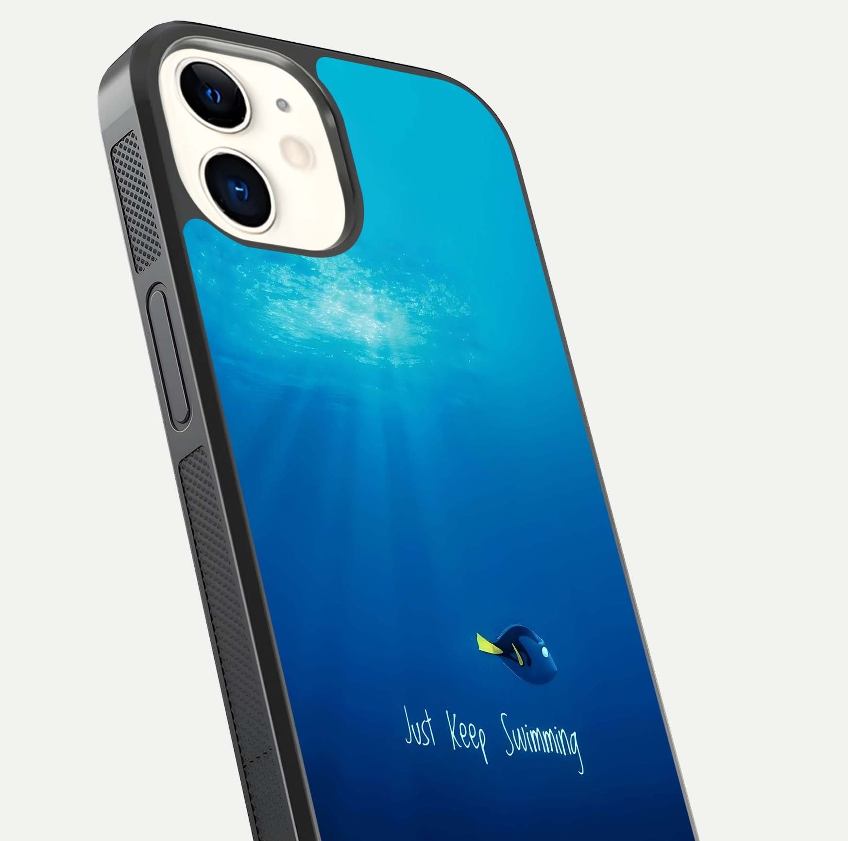Just Keep Swimming Glass Case for iphone-12 close-up angled shot showing elegant lettering and blue tone reflection