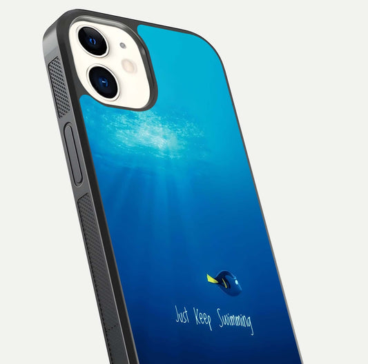 Just Keep Swimming Glass Case for iphone-12 close-up angled shot showing elegant lettering and blue tone reflection