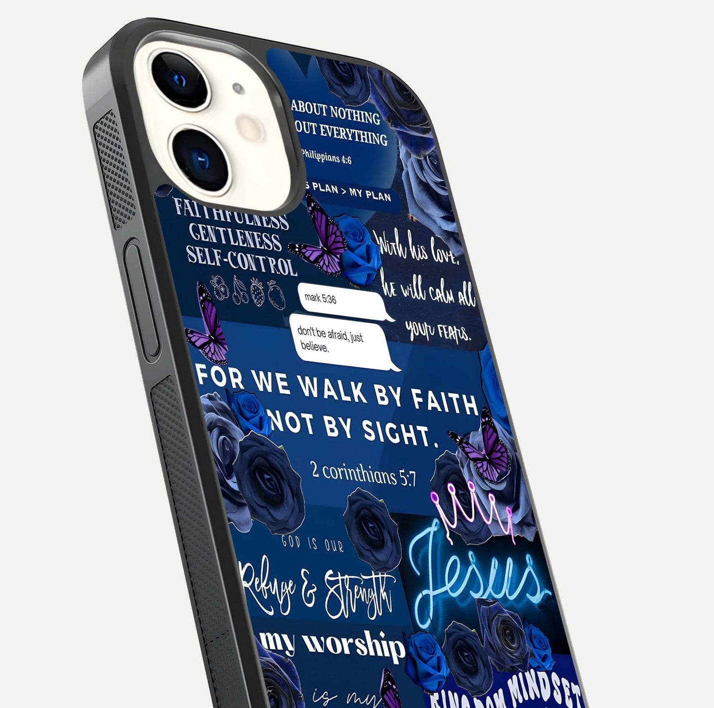 Kingdom Faith Glow Glass Case for iphone-12 close-up angled shot showing luminous text and divine reflection