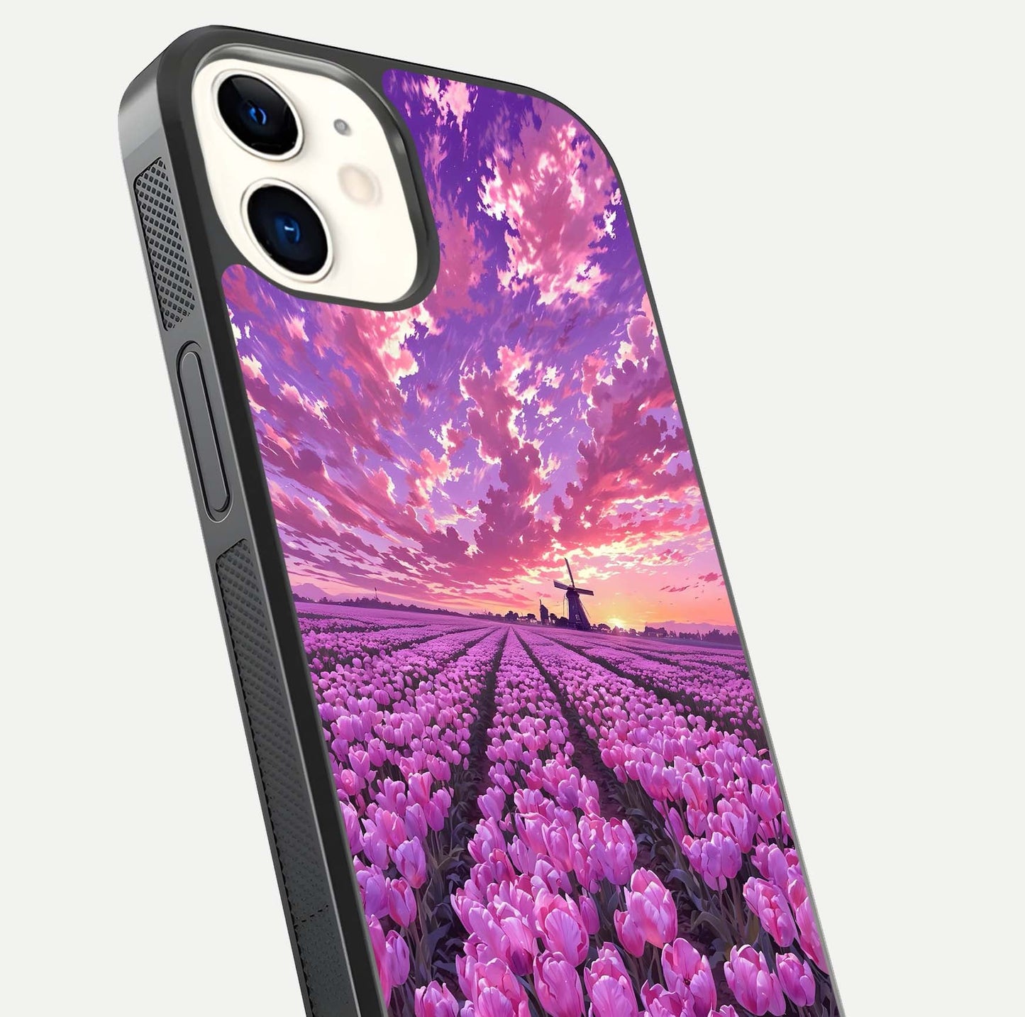 Lavender Dream Skies Glass Case for iphone-12 close-up angled shot showing purple hues and soft reflection