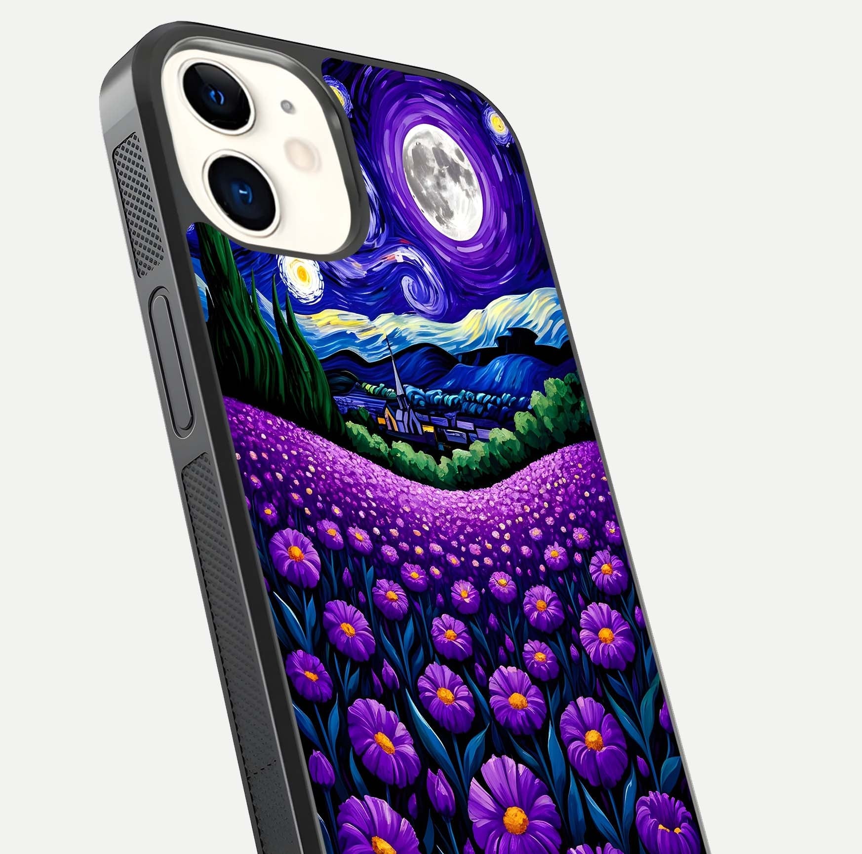 Lavender Moon Field Glass Case for iphone-12 close-up angled shot showing moon glow and purple detailing