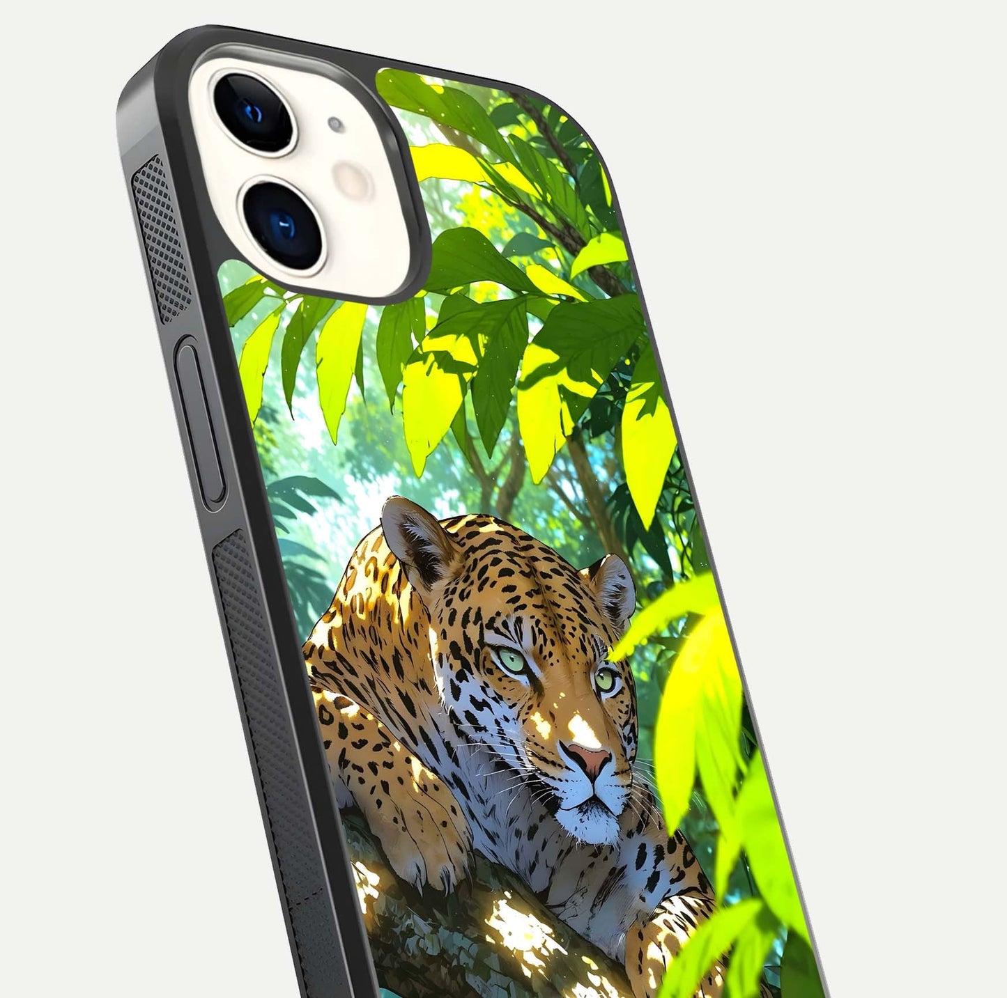 Leopard in Jungle Glass Case for iphone-12 angled close-up showing fur texture and glossy shine reflection