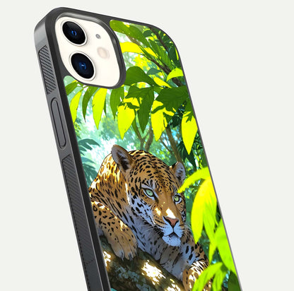 Leopard in Jungle Glass Case for iphone-12 angled close-up showing fur texture and glossy shine reflection