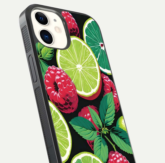 Lime and Raspberry Pattern Glass Case for iphone-12 angled close-up showing fruit texture and reflection glow