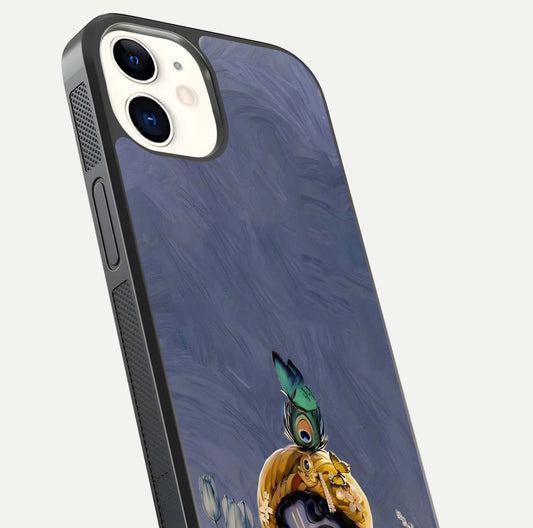 Lord Krishna Glass Case for iphone-12 angled close-up showing intricate flute and reflection details