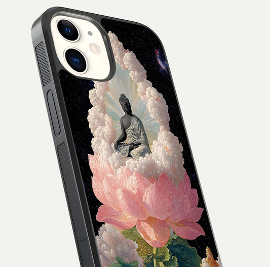 Lotus Divine Peace Glass Case for iphone-12 angled close-up showing delicate petals and gloss reflection