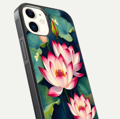 Lotus Dream Serenity Glass Case for iphone-12 close-up angled shot showing floral details and soft shine