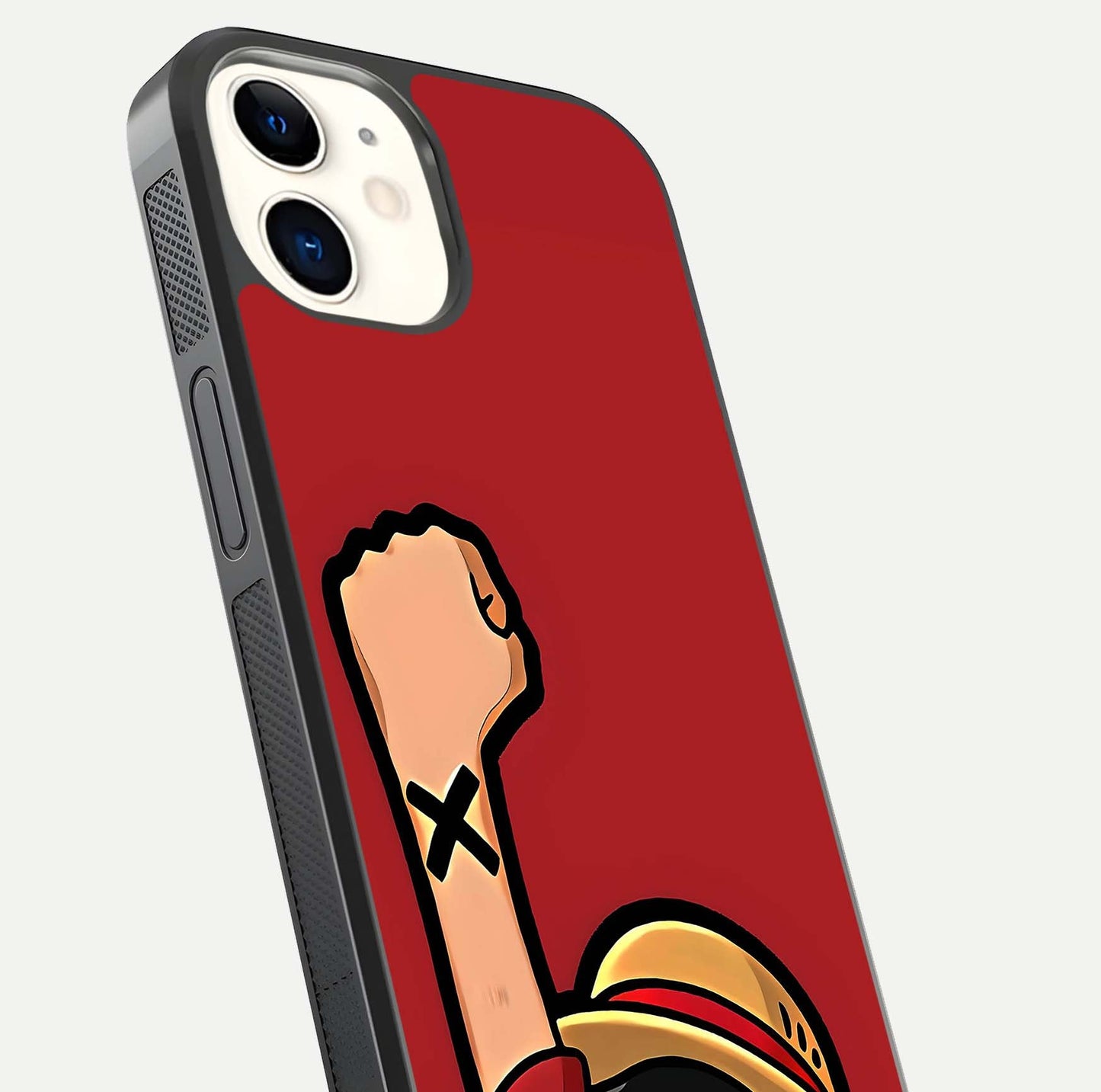 Luffy X Spirit Glass Case for iphone-12 close-up angled shot showing character detailing and gloss texture