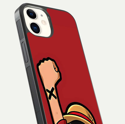 Luffy X Spirit Glass Case for iphone-12 close-up angled shot showing character detailing and gloss texture