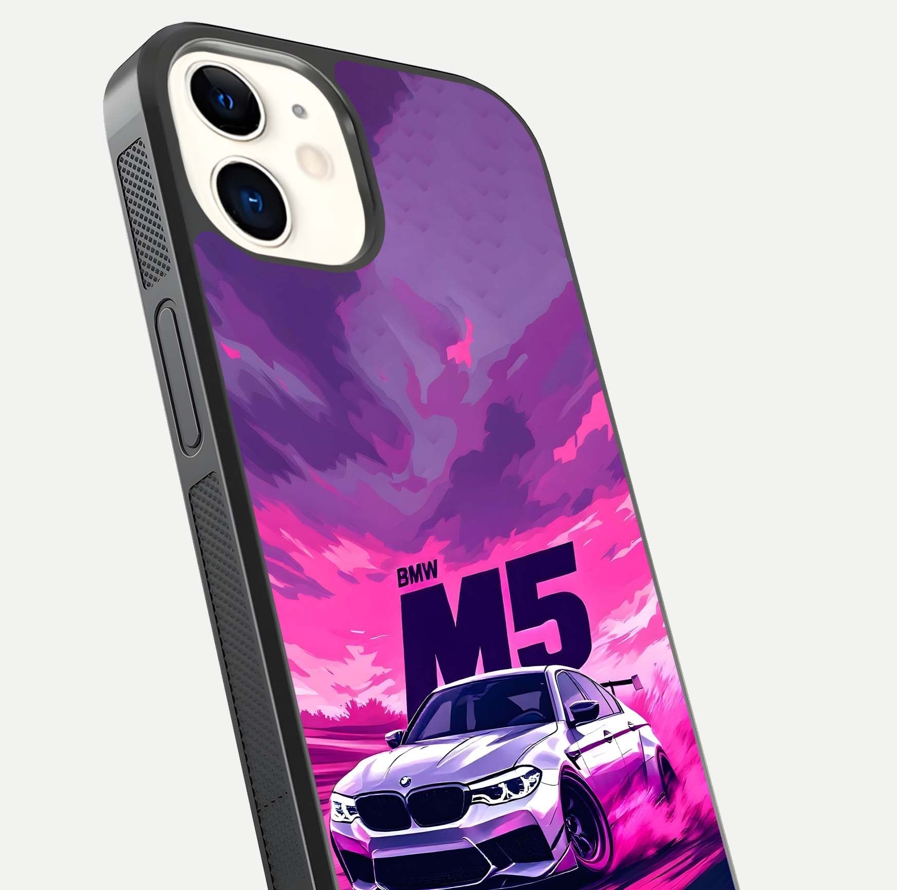 MS Neon Car Glass Case for iphone-12 close-up angled shot showing vivid neon reflections and shine