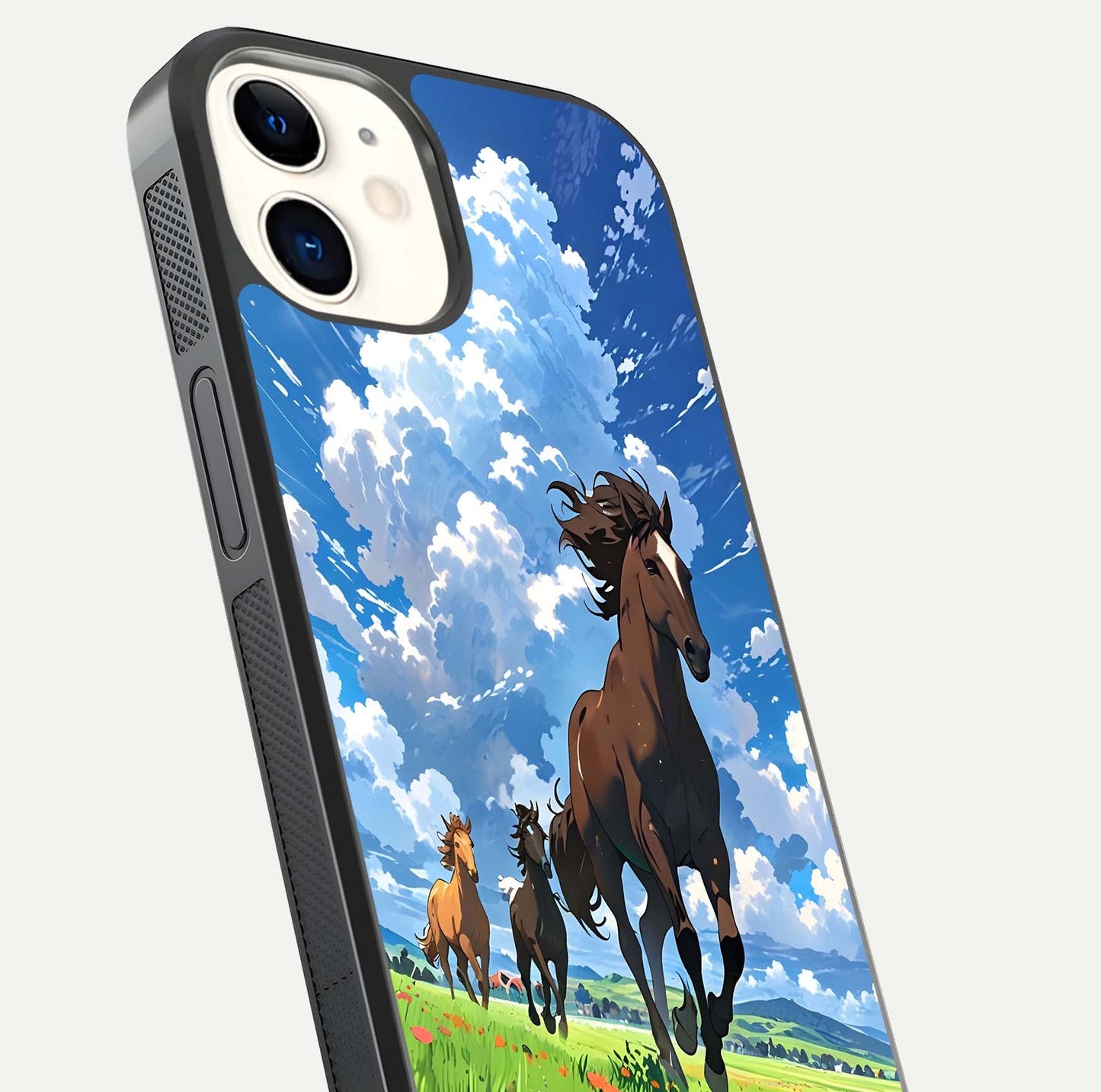 Majestic Horses Galloping Glass Case for iphone-12 close-up angled shot showing horse motion and reflection