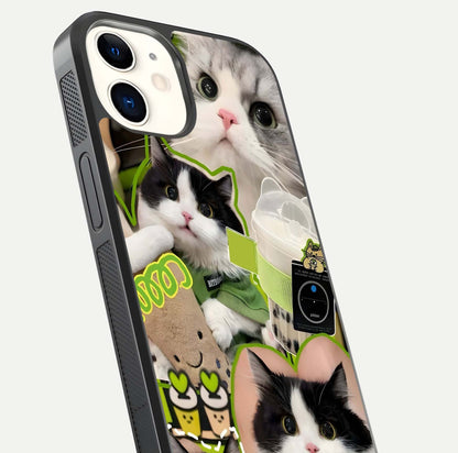 Matcha Cats Mood Glass Case for iphone-12 close-up angled shot showing adorable cat art and reflection detail