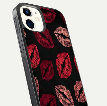 Midnight Kiss Love Glass Case for iphone-12 close-up angle highlighting red accents and reflection shine