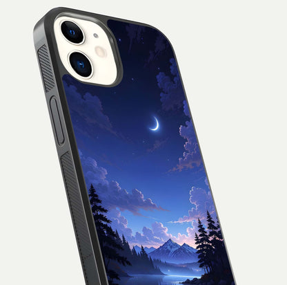 Midnight Lake Peace Glass Case for iphone-12 close-up angled shot showing blue night tones and reflection
